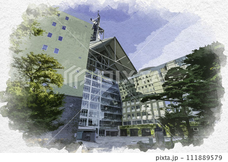 水彩画風　富山市街　富山市役所　富山県富山市 111889579