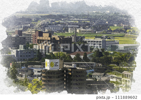 水彩画風　富山市街　富山大学五福キャンパス周辺　富山県富山市 111889602