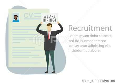 Page with cv,Businessman and plate with text- we are hiring, human resource recruitment concept, 111890160