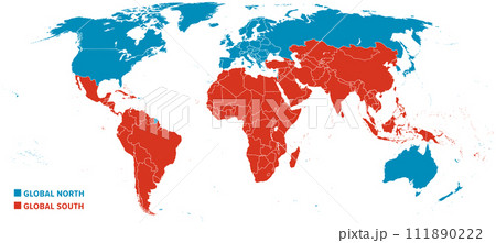 Global North and Global South, political map of the World showing countries classified by their economics. Developed countries highlighted in blue, and developing and least developed countries in red. Global North and Global South, political map of the World showing countries classified by their economics. Developed countries highlighted in blue, and developing and least developed countries in red. 111890222