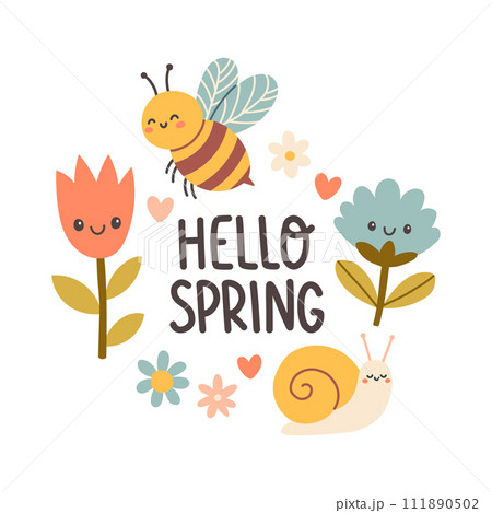 Hello spring quotes. Floral springtime hand drawn prints design. Positive phrases for stickers, postcards or posters Hello spring quotes. Floral springtime hand drawn prints design. Positive phrases for stickers, postcards or posters 111890502