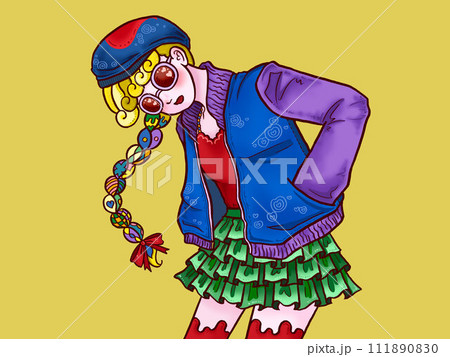 お洒落な女の子　黄色背景 111890830