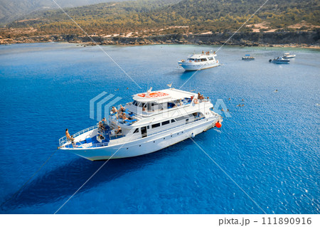 Aerial view of a yachts in Blue Lagoon, Cyprus 111890916