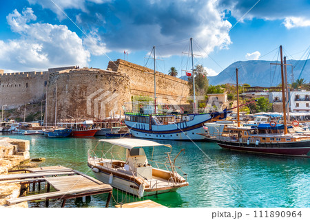 Kyrenia harbour overlooked by the castle. Kyrenia, Cyprus 111890964