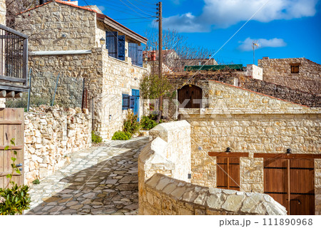 Village of Lofou, traditional stone houses obbled stone street. Limassol District, Cyprus Village of Lofou, traditional stone houses obbled stone street. Limassol District, Cyprus 111890968