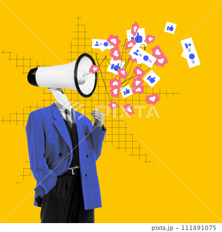 Megaphone-headed figure with social media icons and likes. Contemporary art collage. Social media marketing and influence campaigns. Megaphone-headed figure with social media icons and likes. Contemporary art collage. Social media marketing and influence campaigns. 111891075