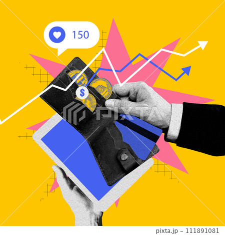 Promotional targeting for social media page popularity. Spending money on ad and align analytical researches. Contemporary art collage. 111891081