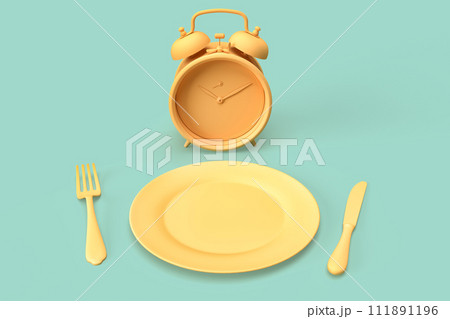 Composition with alarm clock, plate and utensils 111891196