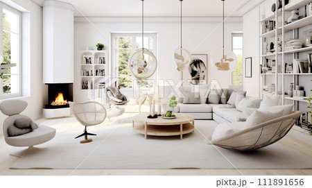 AI-generated content. A cozy living room with large windows, a round table and a fireplace 111891656