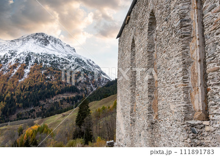 Abandoned gothic church San Gaudenzio at the Maloja pass 111891783