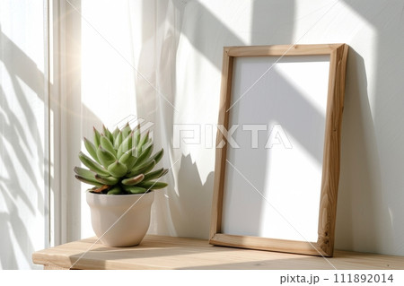 minimalistic wood frame with plant on shelf, generative AI 111892014