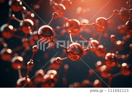 AI-generated content. Close up visualization of with red molecule or atom, Abstract structure for Science or medical background With the red light 111892123