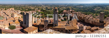 Wide panoramic view over downtown San Gimignano, Torri dei Salvucci and Torre Rognosa in the center, seen from Torre Grosso Wide panoramic view over downtown San Gimignano, Torri dei Salvucci and Torre Rognosa in the center, seen from Torre Grosso 111892151