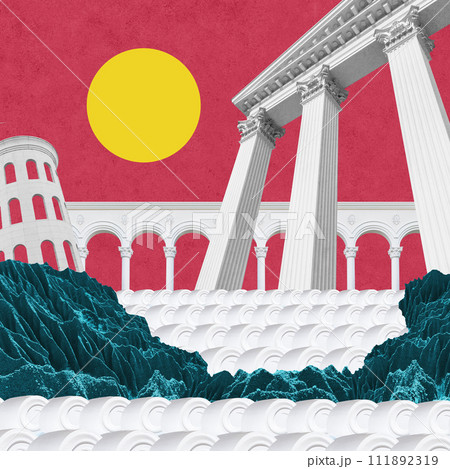 Surreal collage with elements classic architecture. Art poster, concept, zine cover. Antique cityscape 111892319