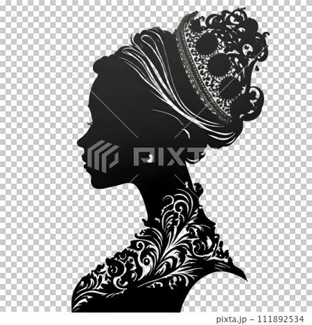 Black silhouette of a portrait of a woman on white background. 111892534