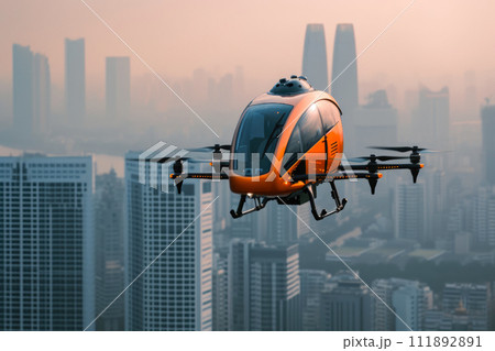 Modern Urban Mobility: Taxi Drone Over City Modern Urban Mobility: Taxi Drone Over City 111892891