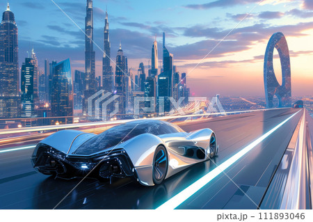 City of Tomorrow: Cutting-Edge Car on Futuristic Highway City of Tomorrow: Cutting-Edge Car on Futuristic Highway 111893046