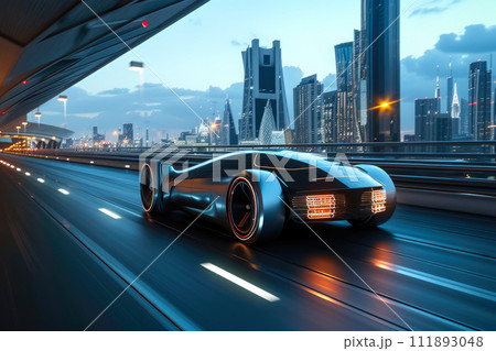 High-Speed Future: Modern City Highway with Advanced Car High-Speed Future: Modern City Highway with Advanced Car 111893048