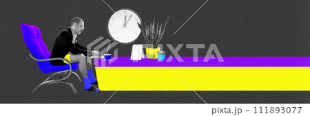 Young man in underwear and jacket sitting at desk and working on laptop, finishing tasks at nights, overworking. Contemporary art collage. 111893077