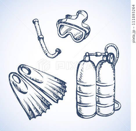 Diving snorkel and goggles. Vector drawing 111893264
