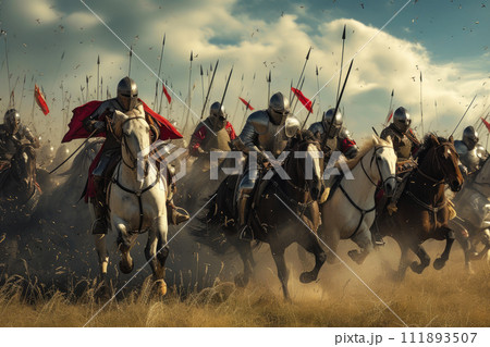 Medieval Knights in Full Plate Charging on Horseback Medieval Knights in Full Plate Charging on Horseback 111893507