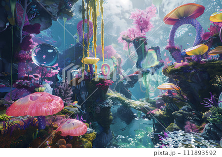 VR Wonderland. An imaginary scene, a surreal and fantastical VR world filled with vibrant colors, floating islands, and bizarre creatures. 111893592