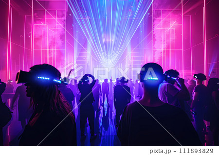 VR concert. The atmosphere of a virtual concert. Performing in a virtual space filled with dynamic light and visual effects. VR concert. The atmosphere of a virtual concert. Performing in a virtual space filled with dynamic light and visual effects. 111893829