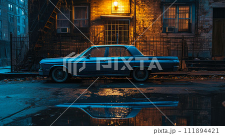 Midnight Melancholy: Classic Car and Rain-Drenched Facade 111894421