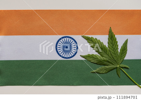 Fresh cannabis leaf and flag of India close up. Illegal cultivation and distribution. Medical use Fresh cannabis leaf and flag of India close up. Illegal cultivation and distribution. Medical use 111894701