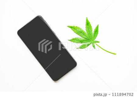 Marijuana leaf and smartphone isolated on white background. Top view. Mockup 111894702