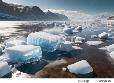 Small pieces of ice floes on seashore, mountains in background. Global warming and environmental protection. Greenhouse effect. Concept of Earth Day. Ai generation 111895046