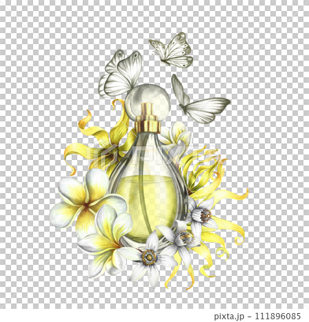A perfume bottle made of transparent glass with flowers of plumeria, frangipani, orange blossom and ylang-ylang. Vintage yellow perfume with butterflies. Hand-drawn watercolor illustration. A perfume bottle made of transparent glass with flowers of plumeria, frangipani, orange blossom and ylang-ylang. Vintage yellow perfume with butterflies. Hand-drawn watercolor illustration. 111896085