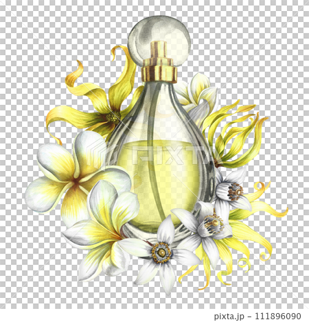 A transparent glass perfume bottle with plumeria, frangipani, orange blossom and ylang-ylang flowers. Vintage yellow perfume. Hand-drawn watercolor illustration. For packaging, postcards and labels. A transparent glass perfume bottle with plumeria, frangipani, orange blossom and ylang-ylang flowers. Vintage yellow perfume. Hand-drawn watercolor illustration. For packaging, postcards and labels. 111896090
