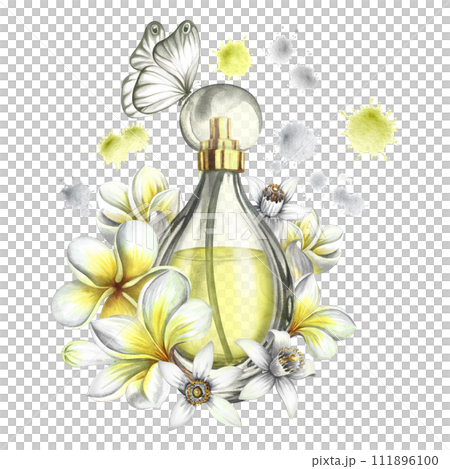 A perfume bottle made of transparent glass with plumeria, frangipani and orange blossom flowers. Vintage yellow perfume with a butterfly. Hand-drawn watercolor illustration. For packaging, postcards. A perfume bottle made of transparent glass with plumeria, frangipani and orange blossom flowers. Vintage yellow perfume with a butterfly. Hand-drawn watercolor illustration. For packaging, postcards. 111896100