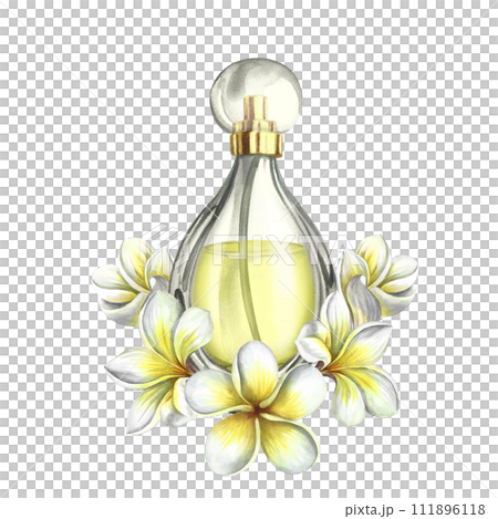 A perfume bottle made of transparent glass with plumeria and frangipani flowers. Vintage yellow perfume. A hand-drawn watercolor illustration. For packaging, postcards and labels. For banners, flyers. 111896118