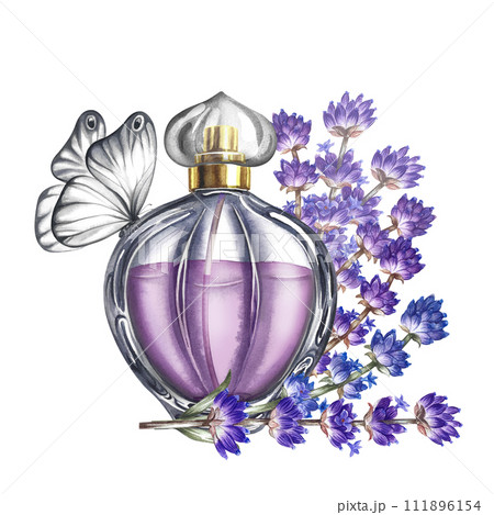 A perfume bottle made of transparent glass with lavender flowers and a butterfly. Vintage purple perfume with lavender scent. A hand-drawn watercolor illustration. Isolate. For packaging, postcard A perfume bottle made of transparent glass with lavender flowers and a butterfly. Vintage purple perfume with lavender scent. A hand-drawn watercolor illustration. Isolate. For packaging, postcard 111896154