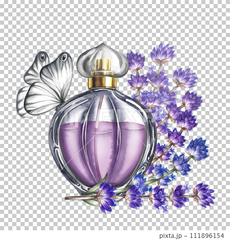 A perfume bottle made of transparent glass with lavender flowers and a butterfly. Vintage purple perfume with lavender scent. A hand-drawn watercolor illustration. Isolate. For packaging, postcard A perfume bottle made of transparent glass with lavender flowers and a butterfly. Vintage purple perfume with lavender scent. A hand-drawn watercolor illustration. Isolate. For packaging, postcard 111896154