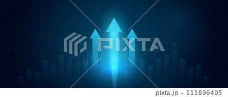 Abstract financial chart with an uptrend line and stock market arrows on a blue background. 111896405
