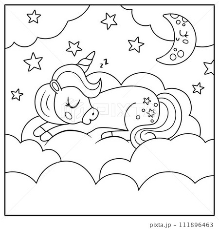 Vector black and white square background with unicorn sleeping on cloud under stars. Magic or fantasy world scene. Fairytale line landscape coloring page. Cute night sky illustration for kids Vector black and white square background with unicorn sleeping on cloud under stars. Magic or fantasy world scene. Fairytale line landscape coloring page. Cute night sky illustration for kids 111896463