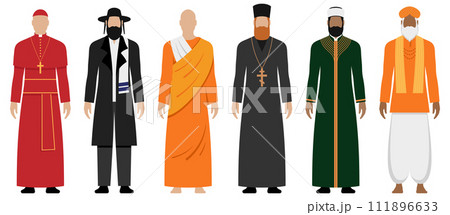 Major religions spiritual leaders with different style clothing, vector illustration set isolated Major religions spiritual leaders with different style clothing, vector illustration set isolated 111896633