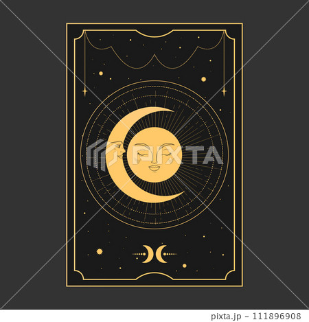 Golden Tarot card with moon and crescent. Tarot symbolism. Mystery, astrology, esoteric. Vector illustration 111896908