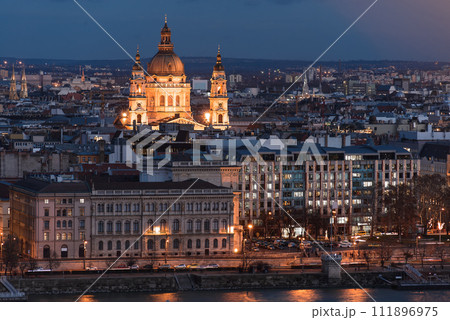 St. Stephen's basilica and Budapest cityscape at night. Hungary St. Stephen's basilica and Budapest cityscape at night. Hungary 111896975