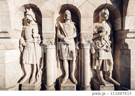Arpad-era warrior statues at Fisherman's Bastion. Budapest, Hungary Arpad-era warrior statues at Fisherman's Bastion. Budapest, Hungary 111897015