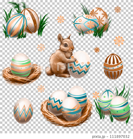 A set of Easter eggs with a hare. Spring holiday with a bunny. A rabbit with a colored Easter egg. 111897032
