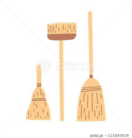 Set of hand drawn brooms, garden and home cleaning tools. Vector flat illustration of household items 111897629