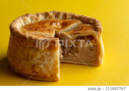 Traditional English pork meat pie with jellied pork stock on the yellow background 111897767