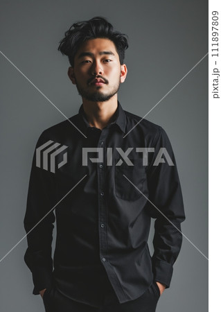Young hadsome serious bearded Korean man wears black shirt and stands against grey background 111897809
