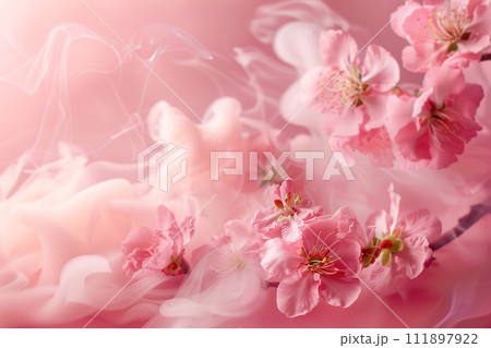 Pink background with flowers and smoke, copy space. Women's Day. It's a girl backdrop with empty space. Baby shower or birthday invitation, party. Baby girl birth announcement. Generative AI. 111897922