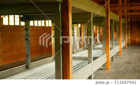 Concentration camp labour Gypsy replica barrack, wooden beds stove memorial site view interior one wooden prisoner, Hodonin near Kunstat served as a place of forced concentration 111897942