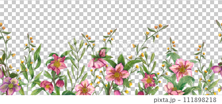 Hellebores among wild yellow flowers. Seamless border with spring flowers and green plants. Flower, leaf. Watercolor floral illustration . Modern realistic composition. For decor, textile 111898218